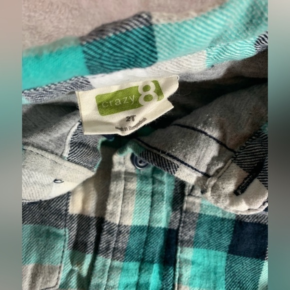 Crazy 8 Navy Blue Turquoise White Thick Flannel Button Up with Interlining Sz 2T - Picture 4 of 6